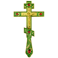 Крест напрестольный, зеленая эмаль, красные камни, 14х26 см, У-1358