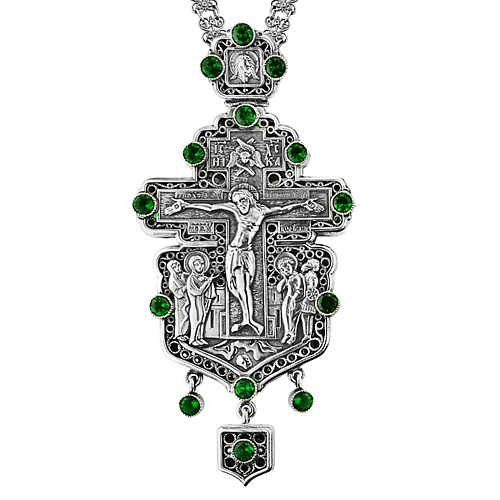 Крест наперсный из ювелирного сплава в серебрении с цепью, фианиты, 8х15 см Крест наперсный из ювелирного сплава в серебрении с цепью, фианиты, 8х15 см