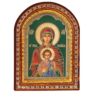 Икона настольная Божией Матери "Услышательница (Зографская)", пластиковая рамка, 6,4х8,6 см (с держателем)