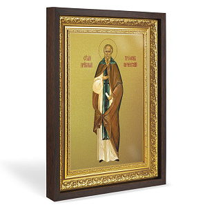Икона преподобного Трифона Печенгского, в широком багете, цвет "темный дуб", на холсте, с золочением  (33,5х42,2 см (под икону А4))