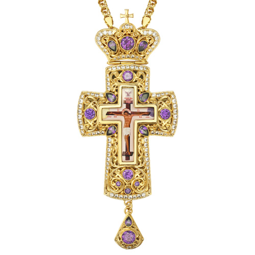 Крест наперсный из ювелирного сплава в позолоте с цепью, фианиты, 7,5х17 см фото 2