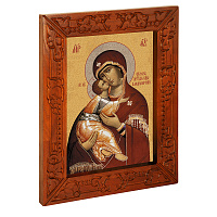 Икона Божией Матери "Владимирская", в узкой резной раме, цвет "кипарис", холст с золочением, ширина рамы 7 см
