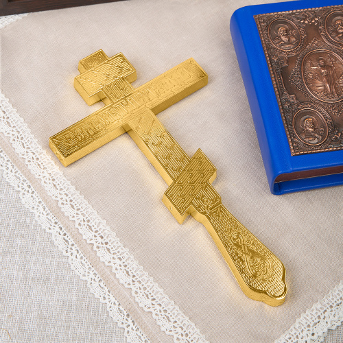 Крест напрестольный, цинковый сплав, синяя эмаль, камни, 14,5х26 см фото 5