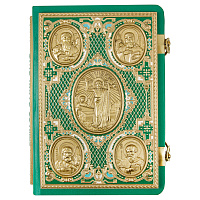 Евангелие требное среднее зеленое, оклад "под золото", кожа, эмаль, 17х22 см