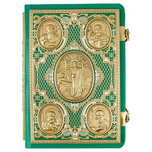Евангелие требное среднее зеленое, оклад "под золото", кожа, эмаль, 17х22 см (церковно-славянский язык)