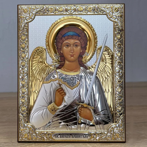 Икона греческая Ангела Хранителя, на темной деревянной основе, металлический оклад, 12х16 см фото 2
