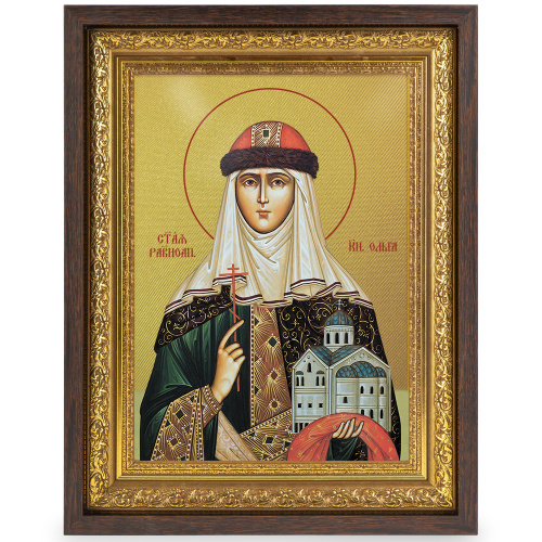 Икона равноапостольной Ольги, великой княгини Российской, в широком багете, цвет "темный дуб", на холсте, с золочением фото 2