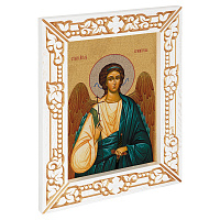 Икона Ангела Хранителя, в узкой резной раме, белая с золотом (патина), холст с золочением, ширина рамы 7 см