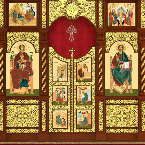 Иконостас деревянный резной "Владимирский" четырехъярусный, цвет "кипарис" с золотом (поталь), 690х730х45 см фото 5