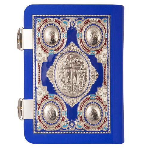 Евангелие требное малое синее, оклад "под серебро", кожа, эмаль, 12х16 см фото 6