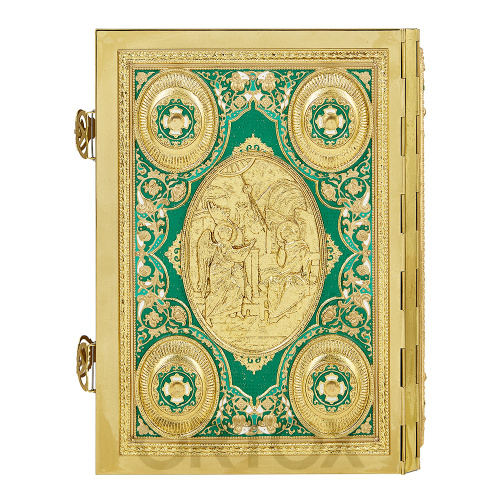 Евангелие напрестольное зеленое, полный оклад "под золото", 24х31 см фото 2