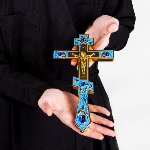 Крест напрестольный, голубая эмаль, синие камни, 14,5х26 см фото 7