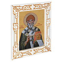 Икона святителя Спиридона Тримифунтского, в узкой резной раме, белая с золотом (патина), холст с золочением, ширина рамы 7 см