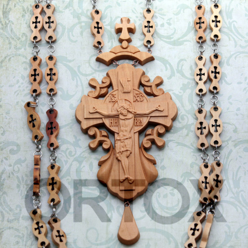 Крест наперсный деревянный резной с цепью, 7х17 см, светлый фото 2