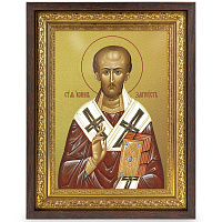 Икона Иоанна Златоуста, святителя, в широком багете, цвет "темный дуб", на холсте, с золочением 