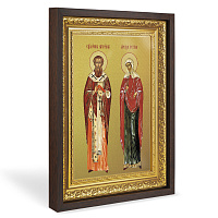 Икона священномученика Киприана и мученицы Иустины Антиохийских, в широком багете, цвет "темный дуб", на холсте, с золочением