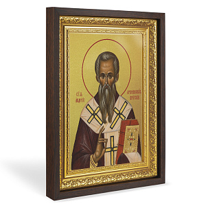 Икона архиепископа Андрея Критского, святителя, в широком багете, цвет "темный дуб", на холсте, с золочением  (33,5х42,2 см (под икону А4))