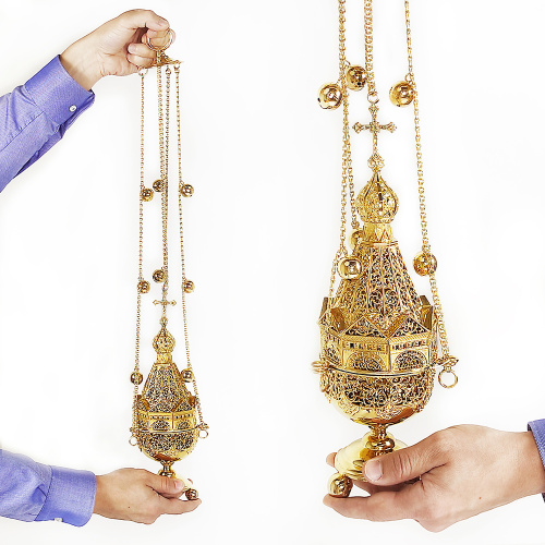 Кадило из ювелирного сплава ажурное в позолоте, высота 30 см фото 6