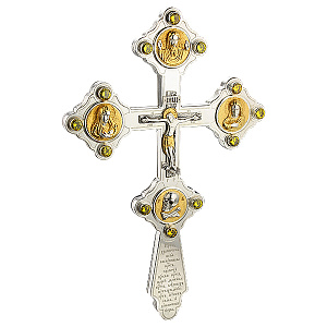 Крест напрестольный из ювелирного сплава в серебрении с позолотой и фианитами, 19х30 см (с иконами)