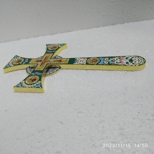 Крест требный четырехконечный, зеленая эмаль, камни, 17х29 см, 100-0921 фото 3