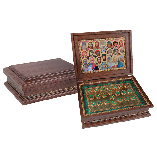 Ковчег для святых мощей из дерева, малахита и бронзы, с мощевиками, 42х32х15 см Ковчег для святых мощей из дерева, малахита и бронзы, с мощевиками, 42х32х15 см