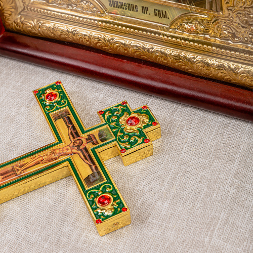 Крест напрестольный, цинковый сплав, зеленая эмаль, красные камни, 14,5х26 см фото 6