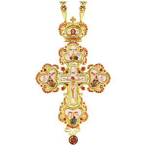 Крест наперсный латунный в позолоте, красные фианиты, высота 13 см (вес 226,57 г)