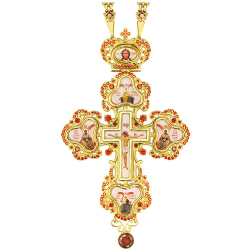 Крест наперсный латунный в позолоте, красные фианиты, высота 13 см