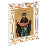 Икона Божией Матери "Покров Пресвятой Богородицы", в узкой резной раме, белая с золотом (патина), холст с золочением, ширина рамы 7 см