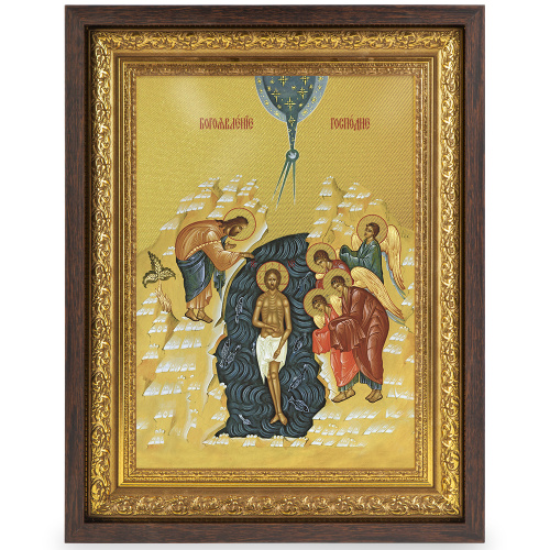 Икона Крещения Господня (Богоявления), в широком багете, цвет "темный дуб", на холсте, с золочением фото 2