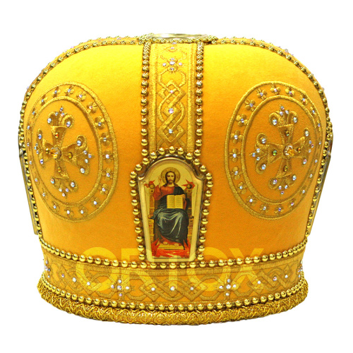 Митра бархатная желтая с вышитыми крестами, иконы литография фото 2