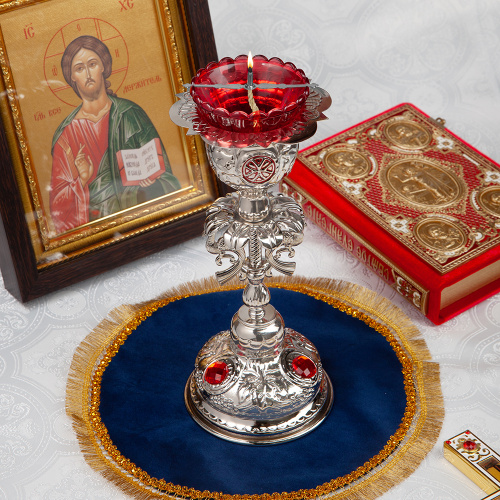 Лампада напрестольная, цинковый сплав, цвет "под серебро", красные камни, 11,5х23 см фото 2