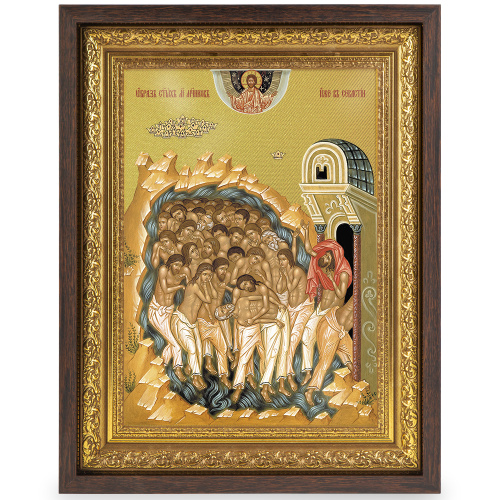Икона Сорока Севастийских мучеников, в широком багете, цвет "темный дуб", на холсте, с золочением фото 2