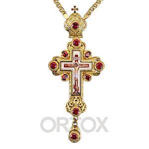 Крест наперсный латунный с позолотой, фианиты, 6,5х15,5 см (с цепью, красные камни)