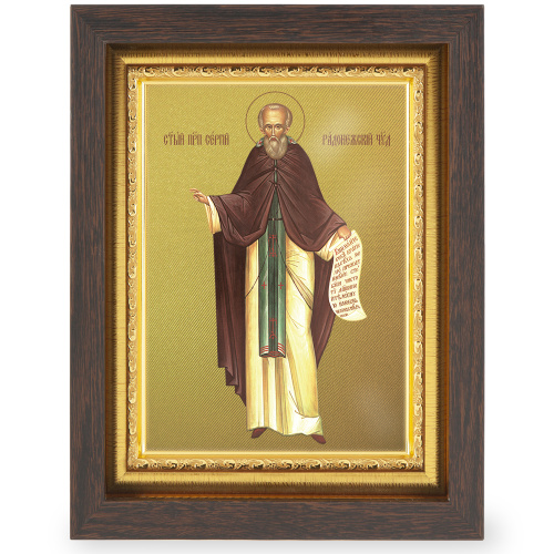 Икона преподобного Сергия Радонежского, в узком багете, цвет "темный дуб", на холсте, с золочением, №2 фото 2