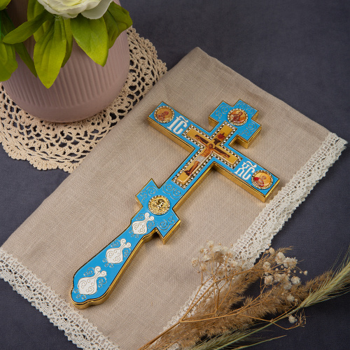 Крест напрестольный, цинковый сплав, голубая эмаль, камни, 14,5х26 см фото 2