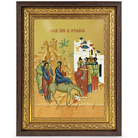 Икона Входа Господня в Иерусалим, в широком багете, цвет "темный дуб", на холсте, с золочением