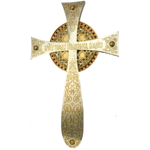 Крест напрестольный из ювелирного сплава в серебрении с позолотой, фианиты фото 2