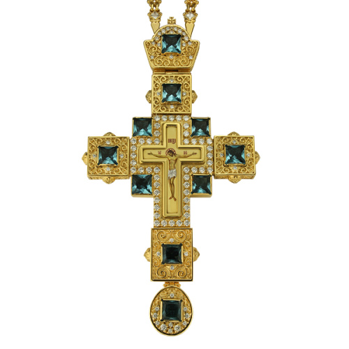 Крест наперсный латунный с цепью, позолота, голубые фианиты, высота 17 см