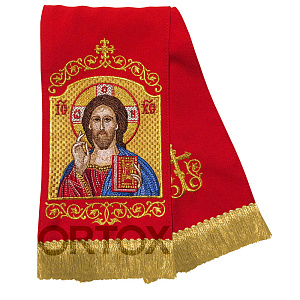 Закладки для Евангелия цветные с иконой Спасителя, 160х14,5 см, вышивка (красная)