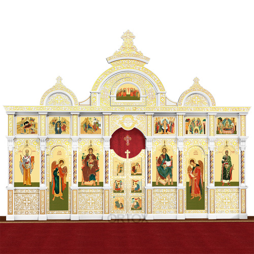 Иконостас "Владимирский" двухъярусный белый с золотом (патина), 690х528х40 см фото 3