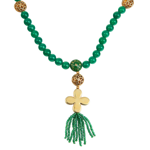 Четки из зеленого агата с разделителями из ювелирного сплава, с позолотой и эмалью (100 бусин) фото 3