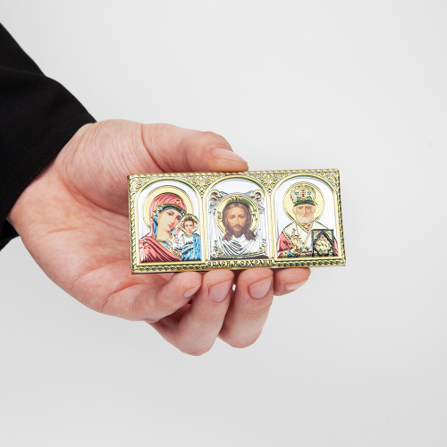 Икона в машину, триптих греческий из металла на деревянной основе, №5, 9,5х4,5 см фото 2