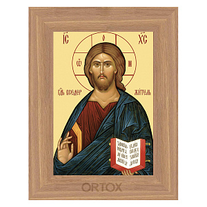 Икона Спасителя "Господь Вседержитель" в рамке, цвет "дуб честерфильд" (7,4х10,5 см (А7))