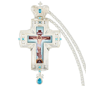 Крест наперсный серебряный, с цепью, голубые камни (вес 225 г)