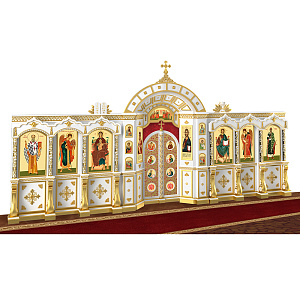 Иконостас "Рождественский" одноярусный белый с золотом (поталь), 848,5х426х53 см (металлические накладки)