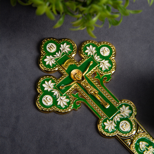 Крест требный, цинковый сплав, зеленая и белая эмаль, 10х22,5 см фото 4