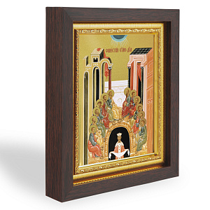 Икона Сошествия Святого Духа, в узком багете, цвет "темный дуб", на холсте, с золочением (14,3х17,4 см (под икону А7))