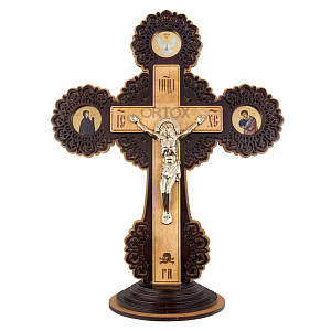 Крест настольный деревянный с латунным распятием, 36х45 см (с иконами)