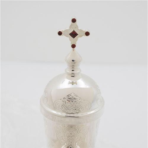 Елейница / чаша для елеопомазания из ювелирного сплава с тарелочкой, серебрение, фианиты фото 6